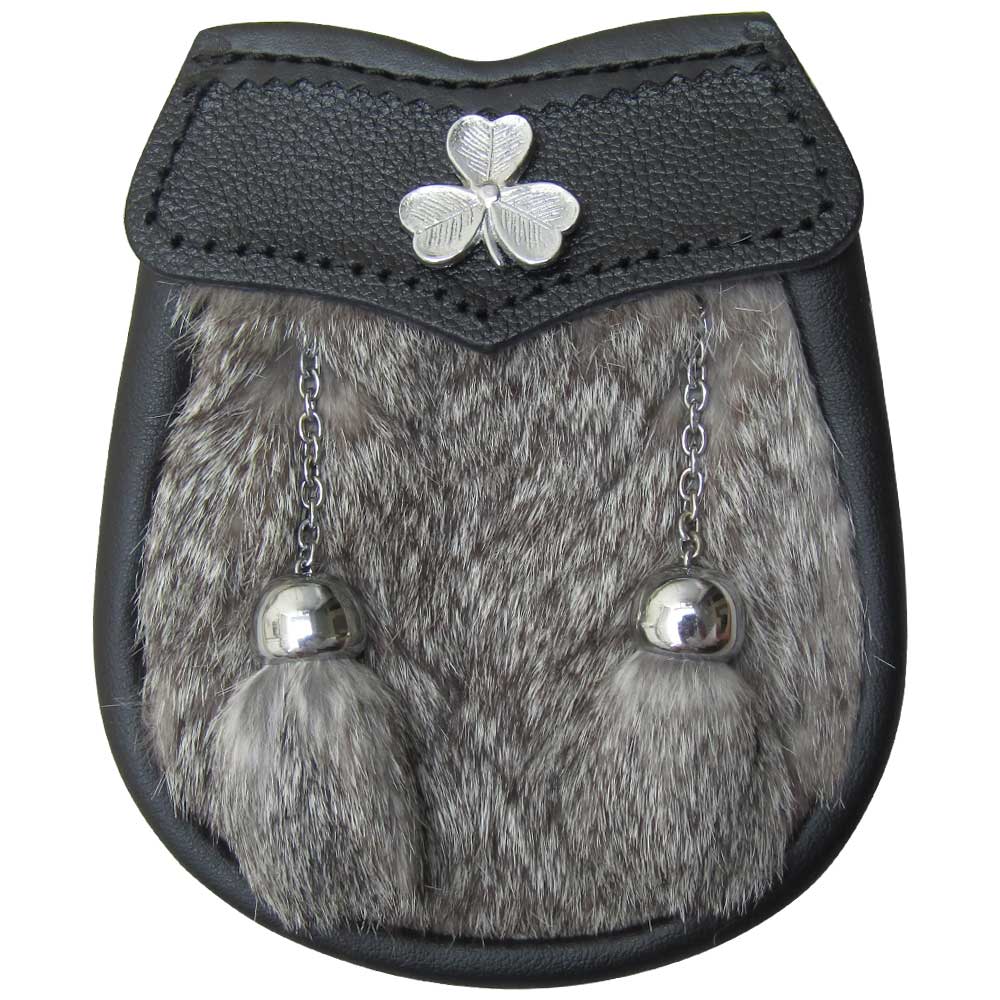AAR Brand New Baby Grey Fur Sporran with Shamrock Badge