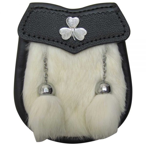 AAR Brand New Baby White Fur Sporran with Shamrock Badge