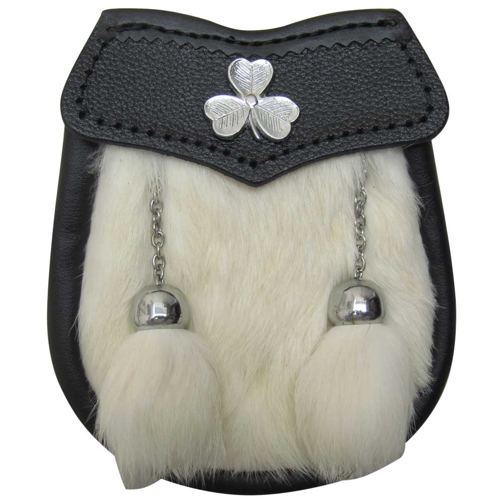 AAR Brand New Baby White Fur Sporran with Shamrock Badge