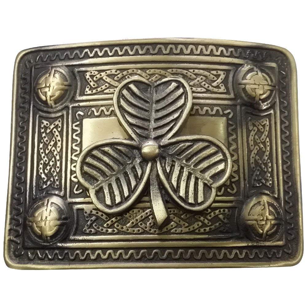 AAR Scottish Kilt Belt Buckle Celtic Studs with Irish Shamrock badge Antique Plated