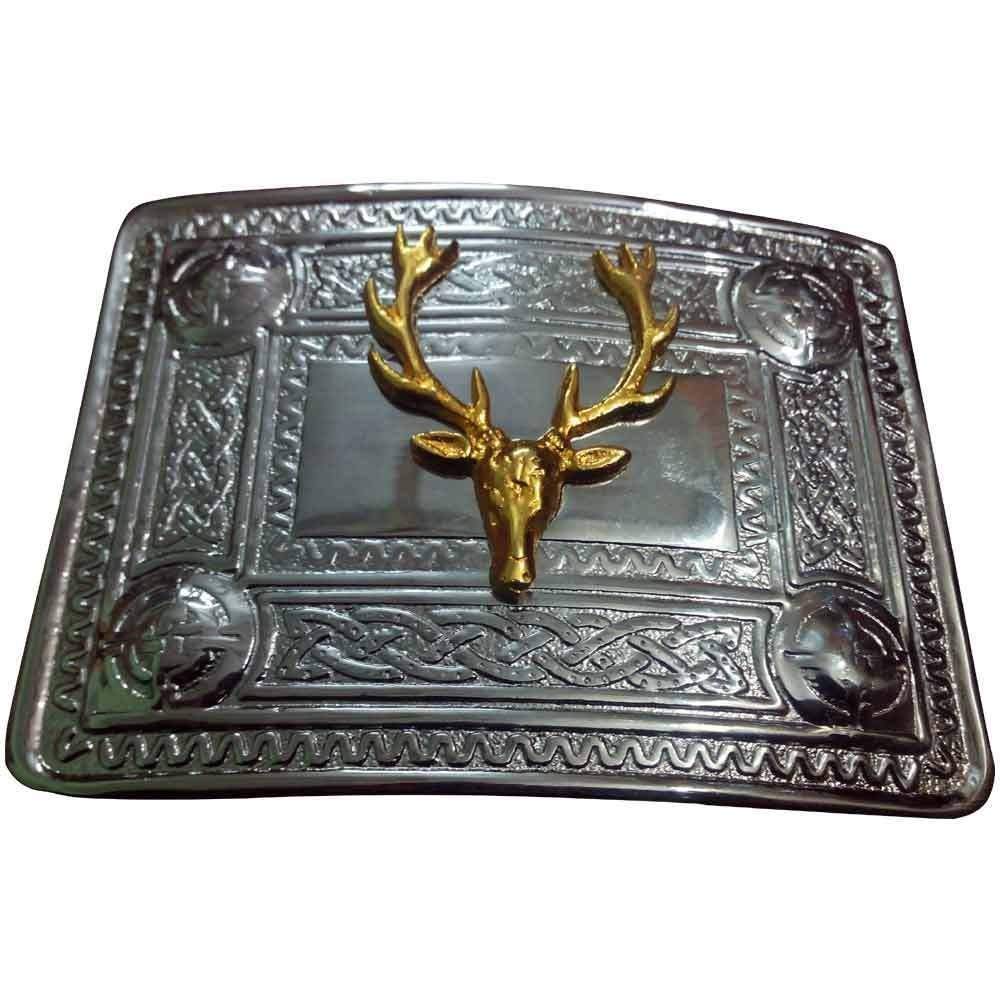 AAR Men’s Kilt Belt Buckle Celtic Knot Chrome with Stag Heads Gold Plated Badge