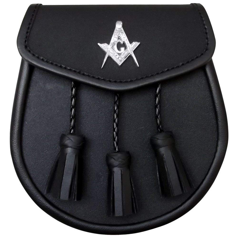 AAR Proved Quality Black Leather Sporran with 3 Tassels & Masonic Badge on Front