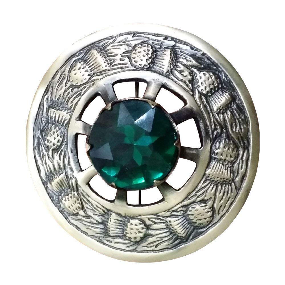 AAR Men,s Scottish Kilt Brooch Fly Plaid Green Stone Antique Finish 3" (7cm) diameter