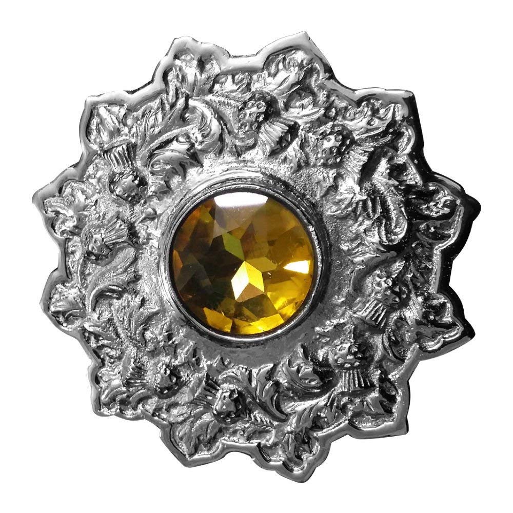 AAR Men's Scottish Kilt Fly plaid Brooch 4" Thistle Design Yellow Stone Chrome Finish
