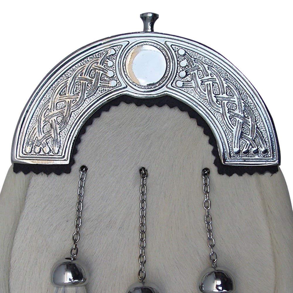 Brand New Celtic Design White Fur Sporran with 3 White Fur Tassels