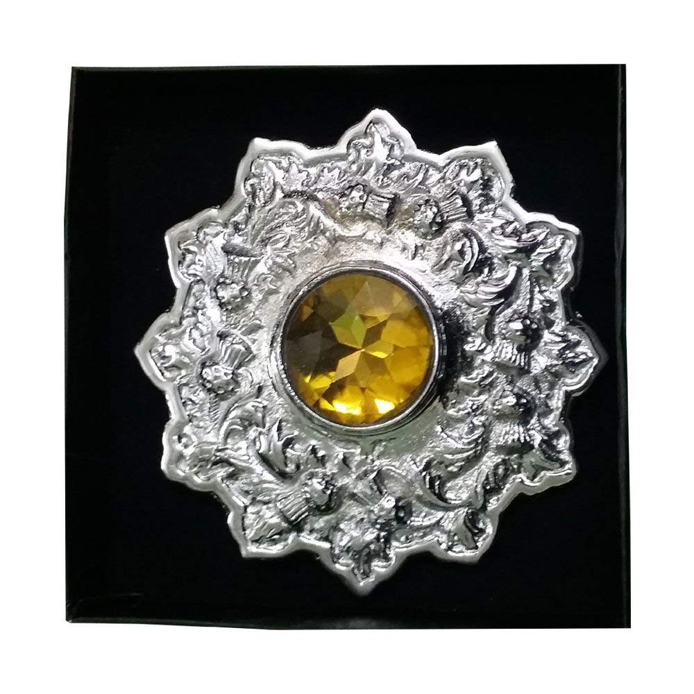 AAR Men's Scottish Kilt Fly plaid Brooch 4" Thistle Design Yellow Stone Chrome Finish