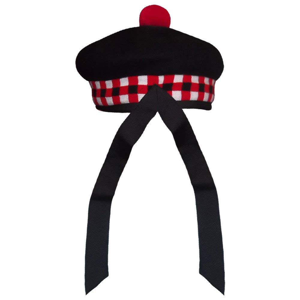 New Scottish Highland 3 color Diced Black Wool Balmoral With Red Pompom on Top
