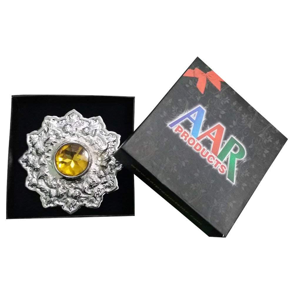 AAR Men's Scottish Kilt Fly plaid Brooch 4" Thistle Design Yellow Stone Chrome Finish