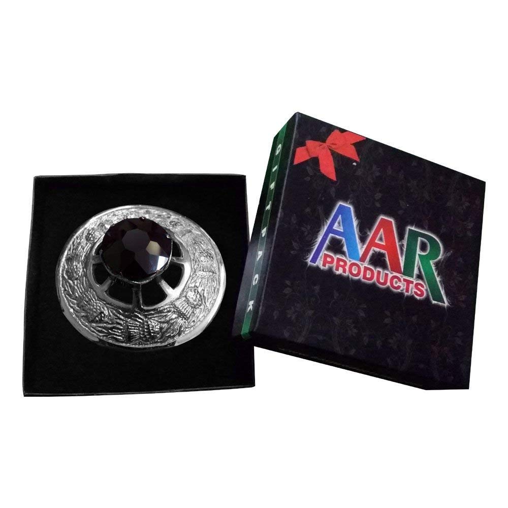 AAR Men Scottish Thistle Fly Plaid Brooch Black Stone Chrome Finish 3" (7cm) diam