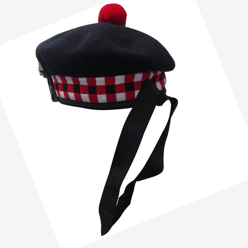 New Scottish Highland 3 color Diced Black Wool Balmoral With Red Pompom on Top