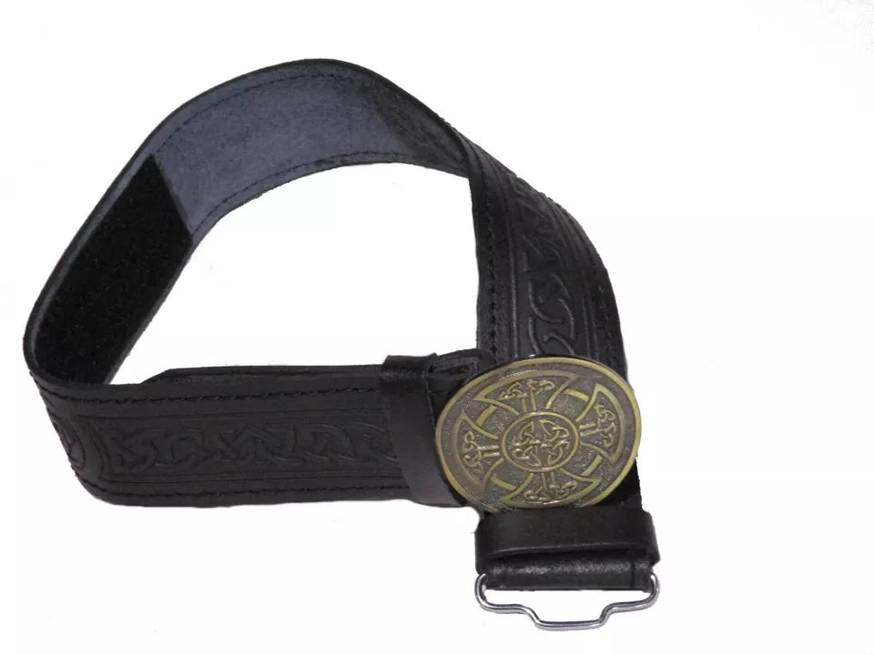 AAR Leather Celtic Kilt Belt – Black or Brown with Antique Brass Buckle | Scottish Highland Belt