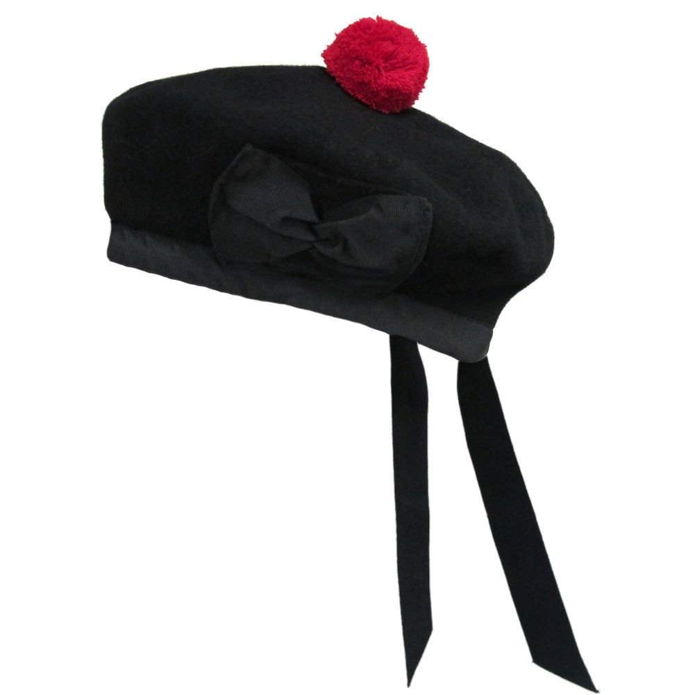 New Scottish Black Wool Balmoral plain Hat With Red Pompom on Top