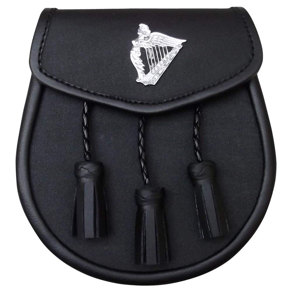 B New Black Leather Sporran with 3 Tassels & Harp Badge on Front