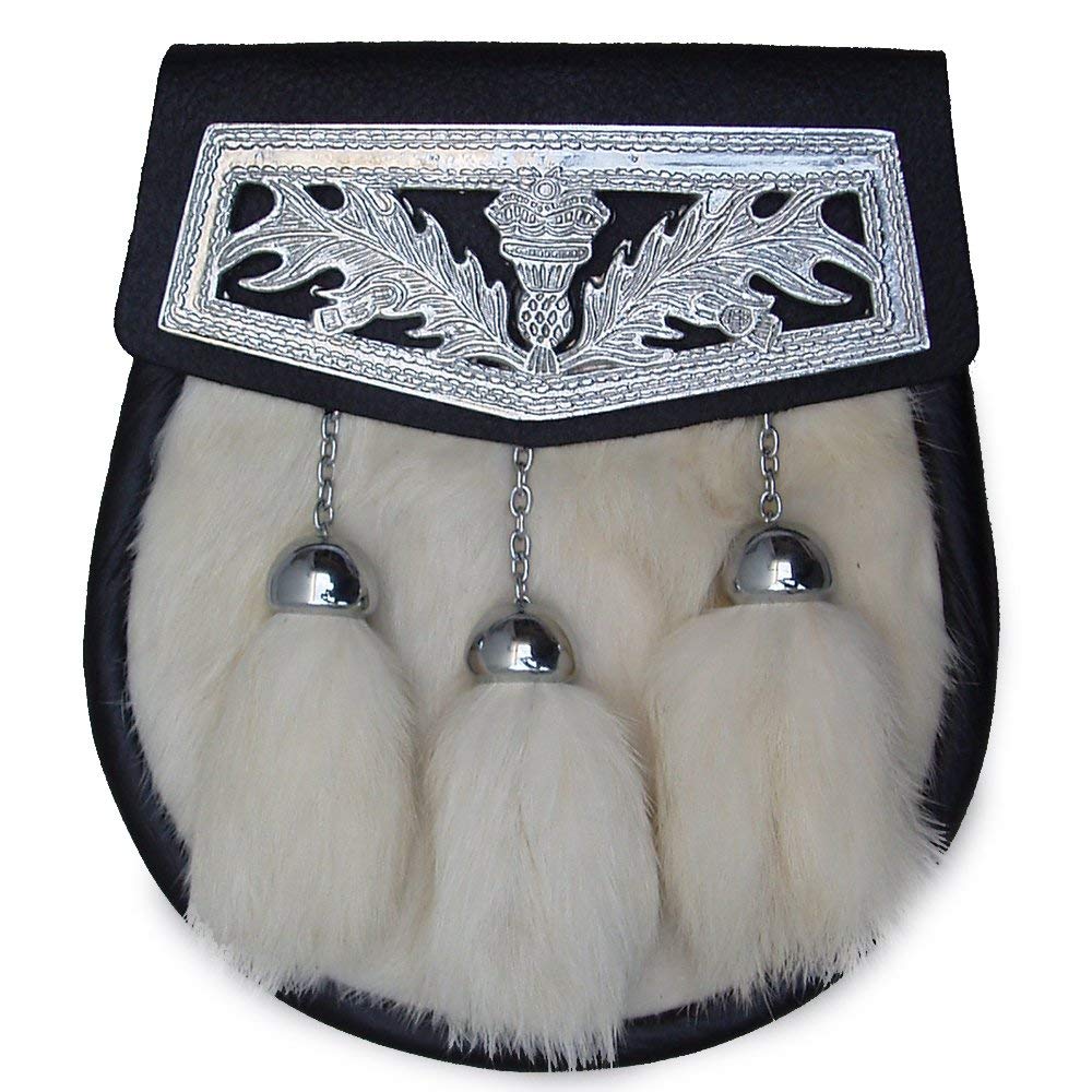 Brand New Celtic Design White Fur Sporran with 3 White Fur Tassels & Thistle Plate