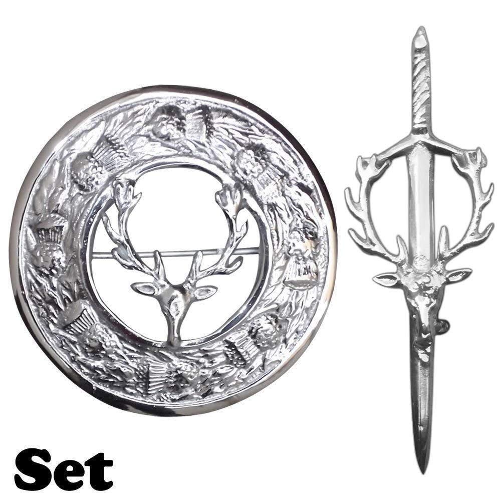 Brand New Scottish Stag Head Kilt Pin and Kilt Fly plaid Brooch Chrome Finish