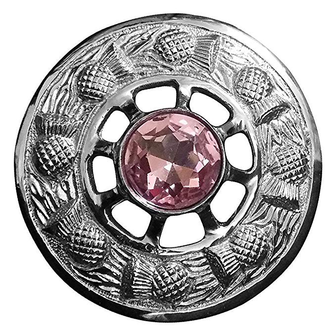 AAR Scottish Thistle Fly Plaid Brooch Pink Stone Chrome Finish 3" (7cm) diameter (Pink Stone)