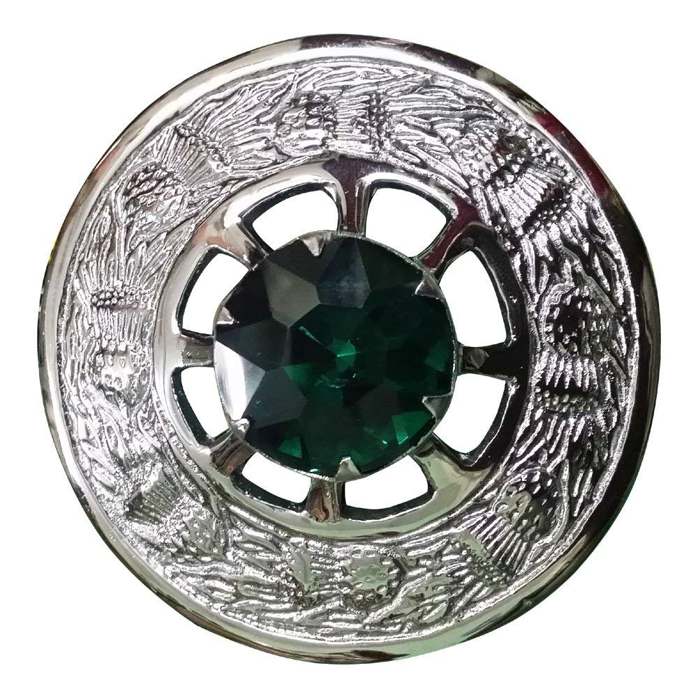 Scottish Fly Plaid Kilt Brooch Thistle Design with Stone Chrome Finish (Green Stone)