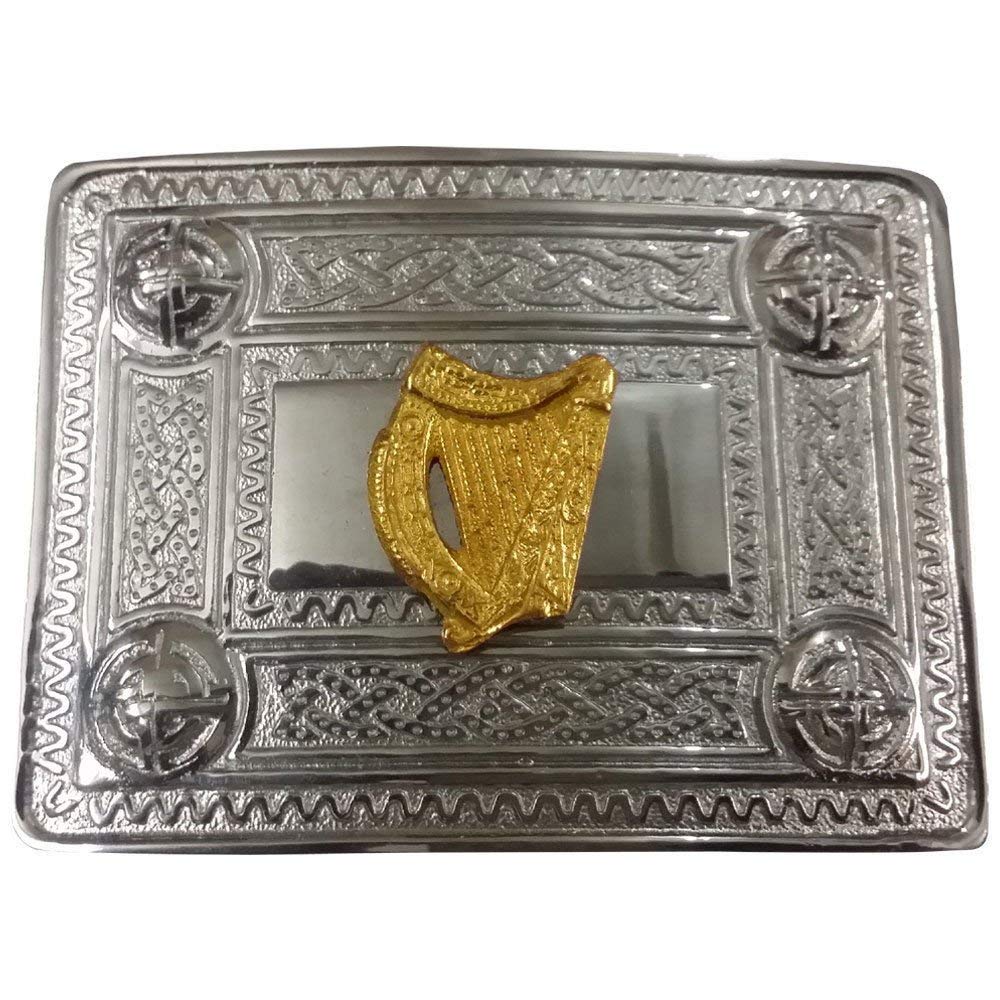 AAR Scottish Kilt Belt Buckle Celtic Design with Gold Harp Badge