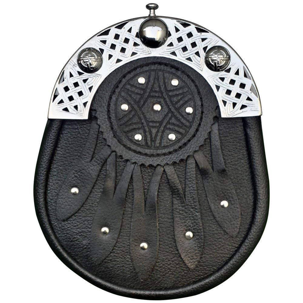 Brand New Celtic Design Black Leather Sporran With Celtic Cantel