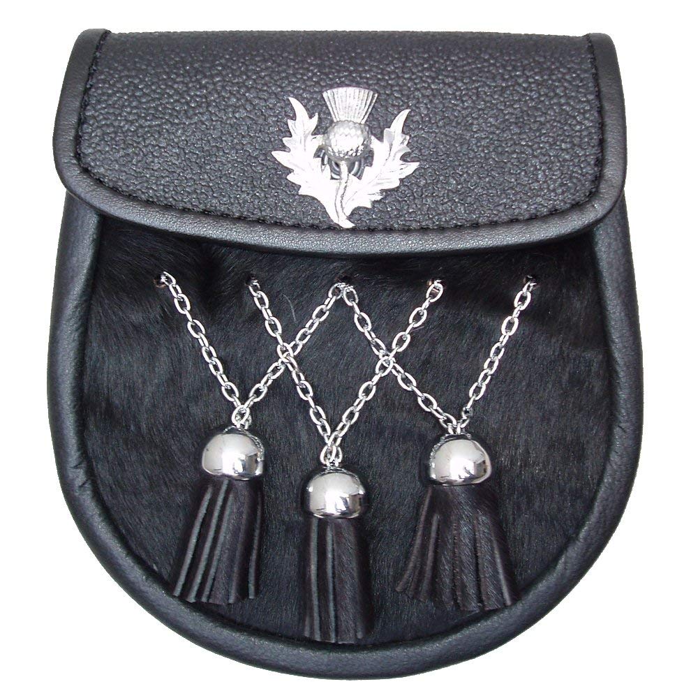 AAR Scottish Celtic Black Fur Sporran with 3 V Tassels Double Chain & Thistle Badge