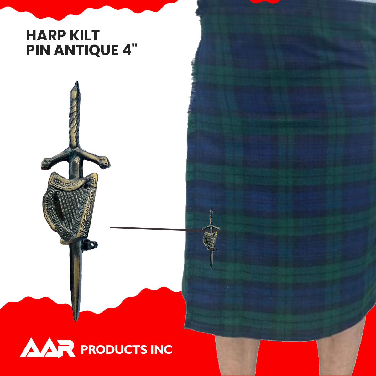 AAR Irish Celtic Harp Sword kilt Pin 4" Antique Scottish