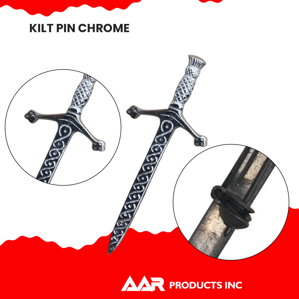 AAR Celtic Kilt Pin Antique Chrome Scottish Thistle Crest Hilt Pins 4" Kilt Accessory