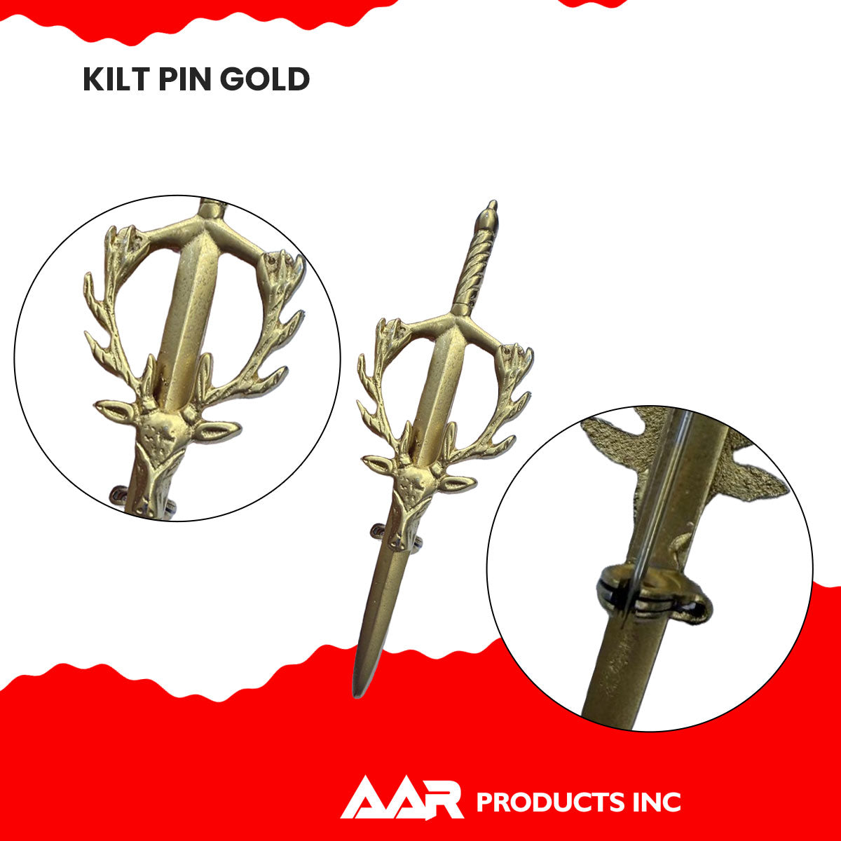 Scottish Kilt Pins Stag Head Highland Swivel Fastening Gold Finish