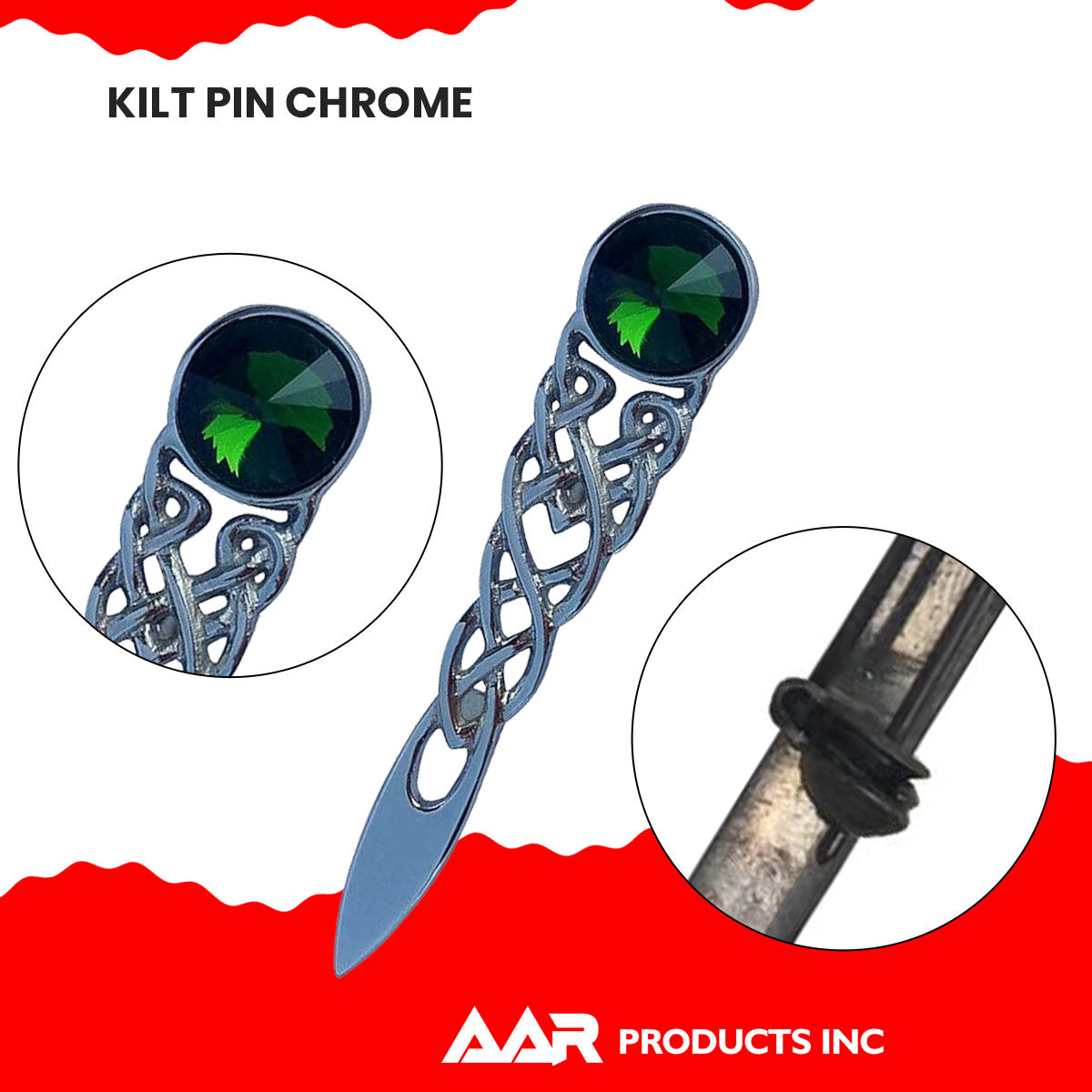 Scottish Kilt Pin Highland Celtic Knot Stone kilt Pins Chrome Green Stone