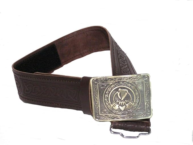 Leather Celtic Kilt Belt with Antique Finish Buckle Scottish Highland Black & Brown