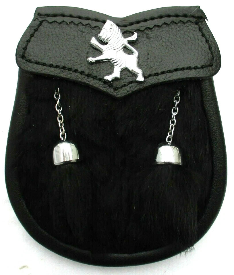 AAR Boys Sporran – Black Rabbit Fur with 2 Tassels – Includes Free Belt & Chain – Traditional Scottish Accessory for Kids