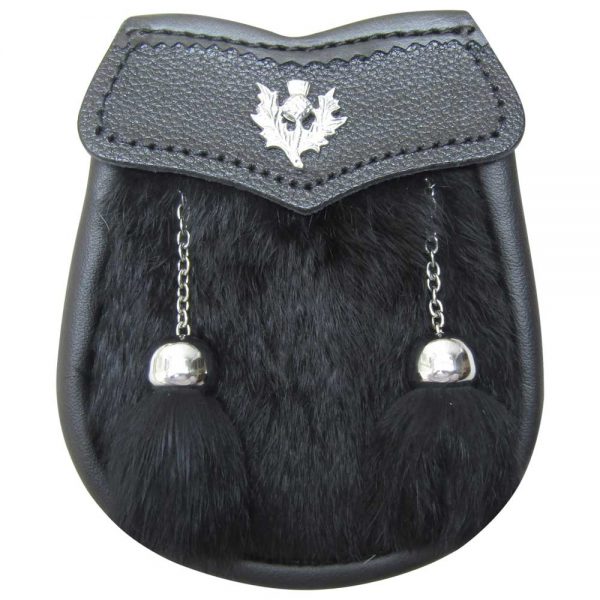 AAR Brand New Baby Black Fur Sporran with Thistle Badge