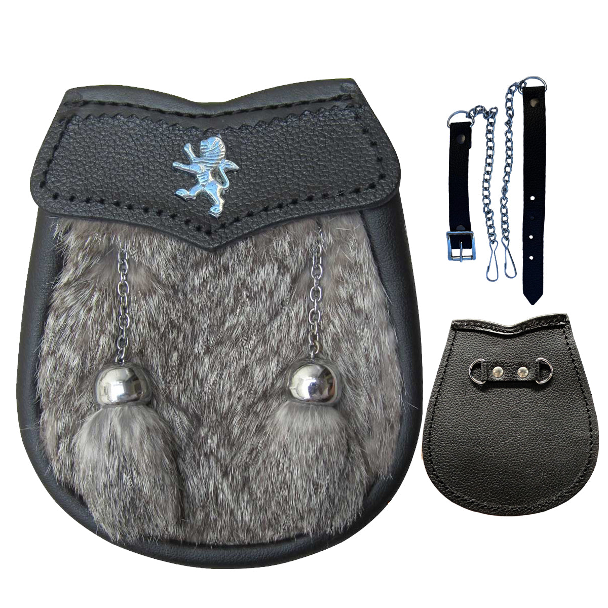 Boys Sporran Brown Fur Free Leather Belt & Chain 28" 2 Tassels