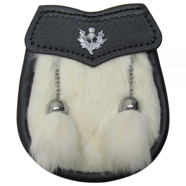 AAR Brand New Baby White Fur Sporran with Thistle Badge