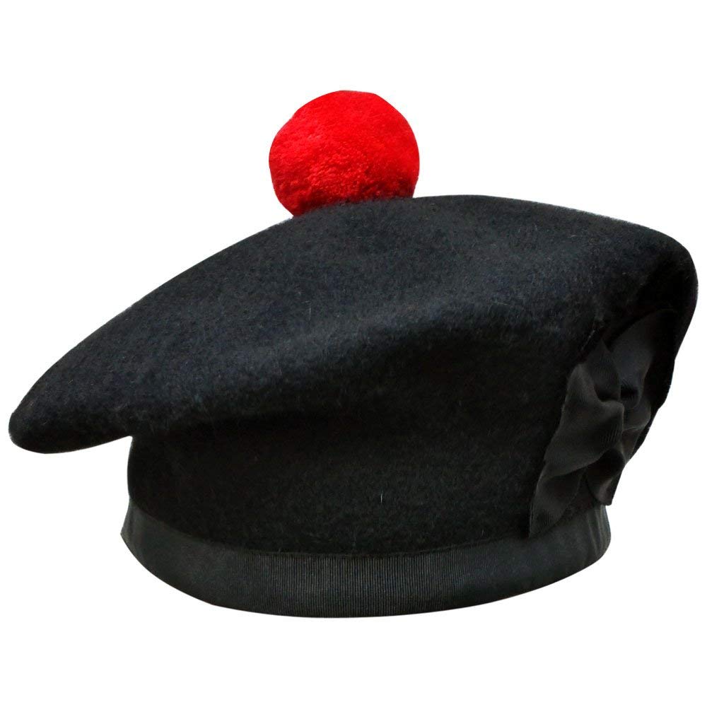 New Scottish Black Wool Balmoral plain Hat With Red Pompom on Top