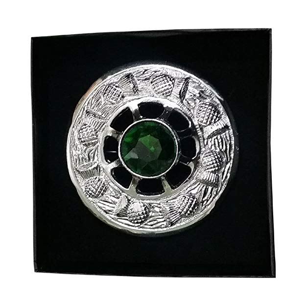 AAR Scottish Highland Kilt Fly Plaid Brooch Thistle Design Chrome Finish 3 inch