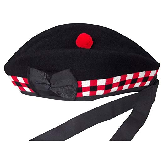 New Glengarry Diced Black Wool Scottish Bagpipe /Kilt Hat