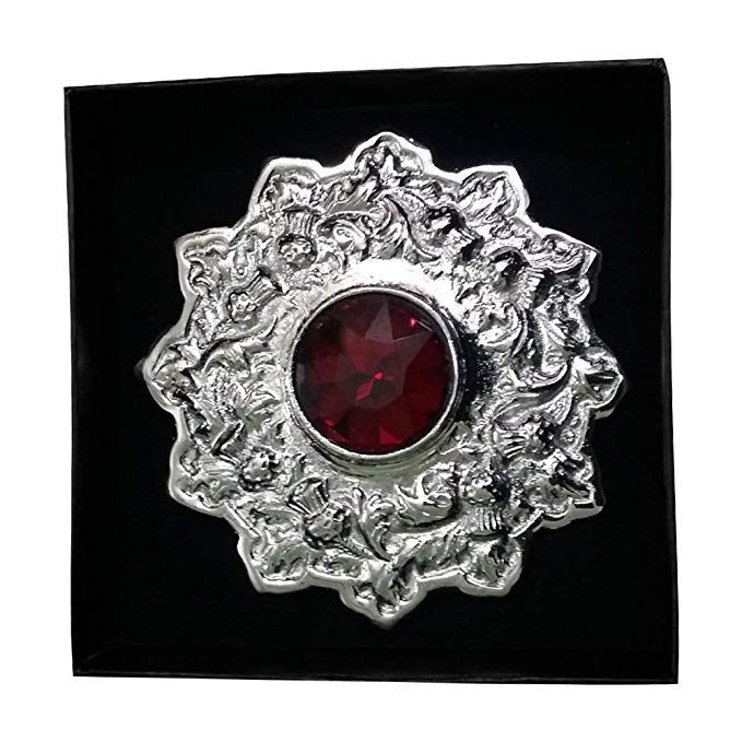 AAR Men's Scottish Kilt Fly plaid Brooch 4" Thistle Design Red Stone Chrome Finish