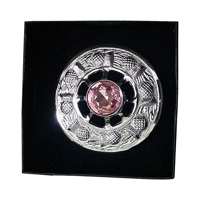 AAR Scottish Thistle Fly Plaid Brooch Pink Stone Chrome Finish 3" (7cm) diameter (Pink Stone)