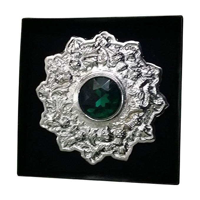 AAR Men's Scottish Kilt Fly plaid Brooch 4" Thistle Design Green Stone Chrome Finish