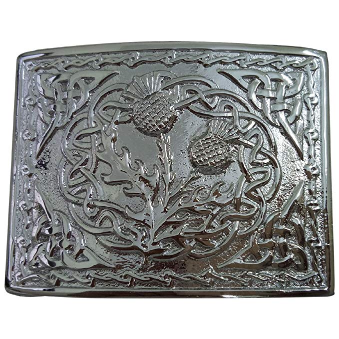 AAR Scottish Kilt Belt Buckle 2 Thistle Emblem Celtic Knots Chrome Finish
