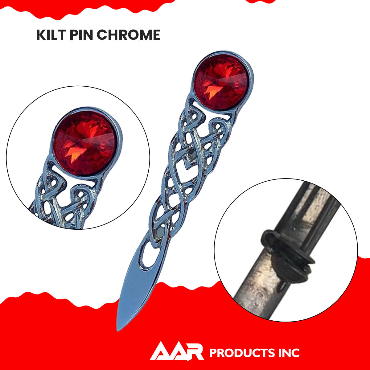 Scottish Kilt Pin Highland Celtic Knot Stone kilt Pins Chrome Red Stone