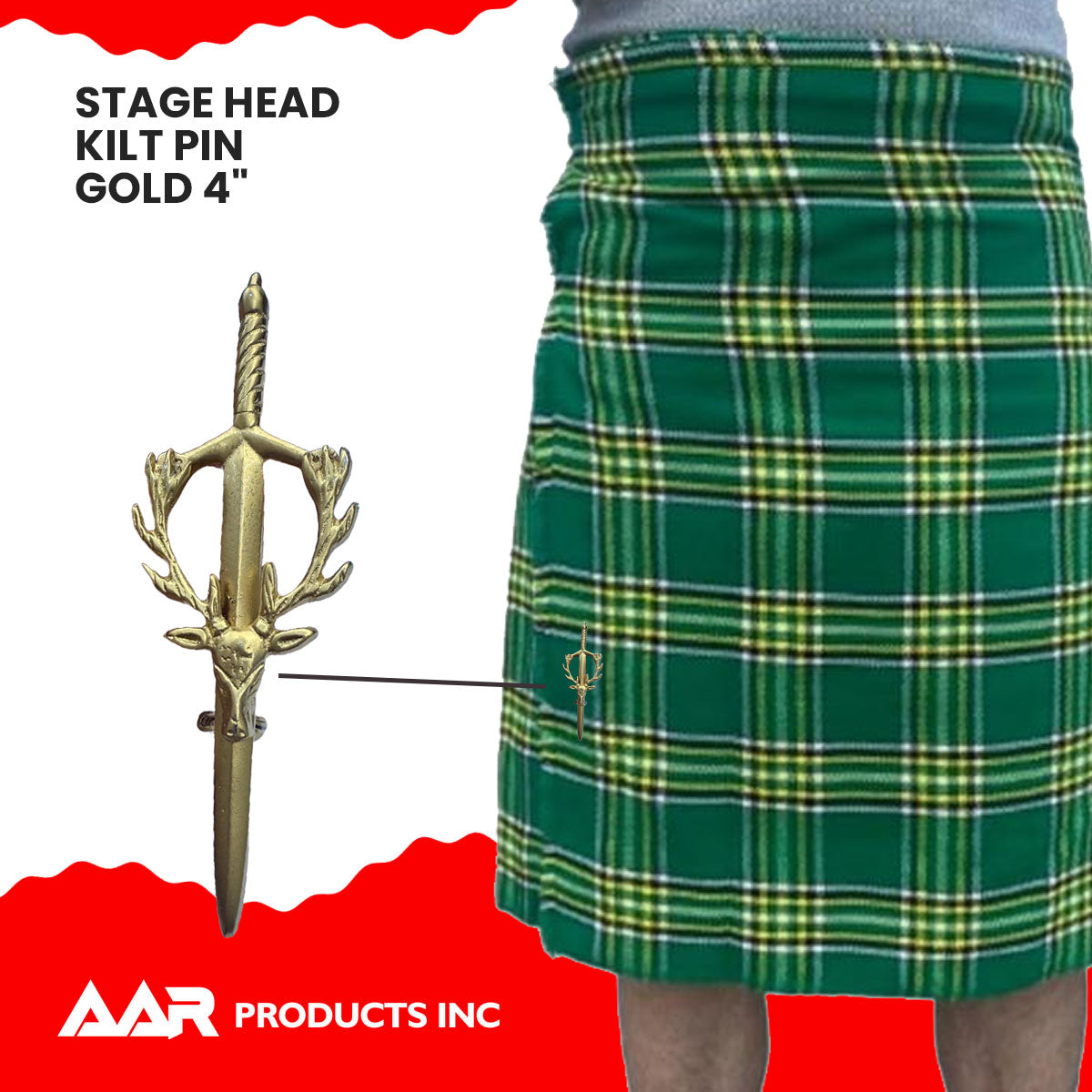 Scottish Kilt Pins Stag Head Highland Swivel Fastening Gold Finish