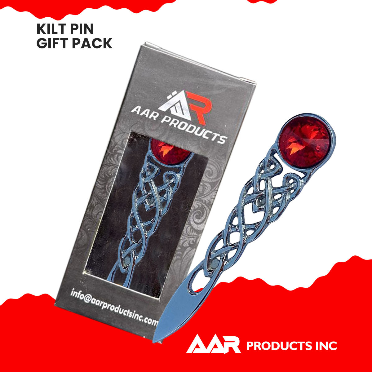 Scottish Kilt Pin Highland Celtic Knot Stone kilt Pins Chrome Red Stone