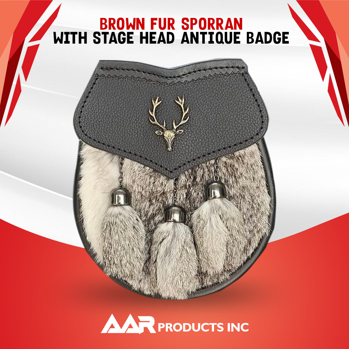 Men's Semi Dress Sporran Brown Rabbit Formal Fur 3 Tassels Leather Belt Chain Antique Badges