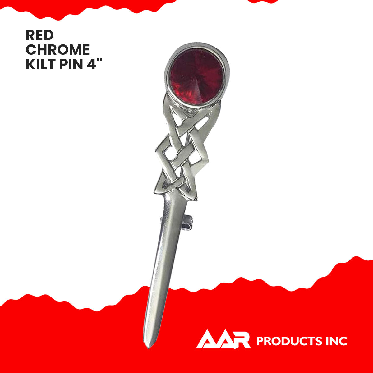 Kilt Pin Scottish Celtic Knot Stone Chrome Finish Red Stone