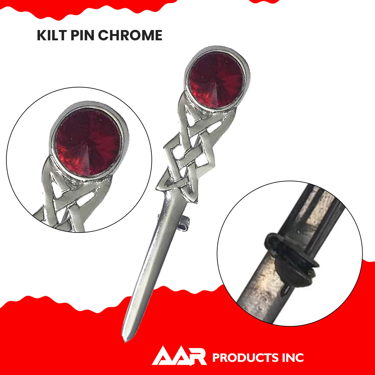 Kilt Pin Scottish Celtic Knot Stone Chrome Finish Red Stone