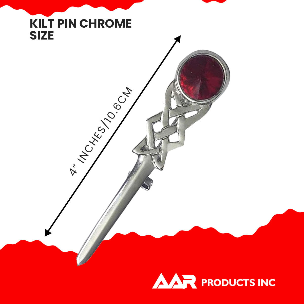 Kilt Pin Scottish Celtic Knot Stone Chrome Finish Red Stone