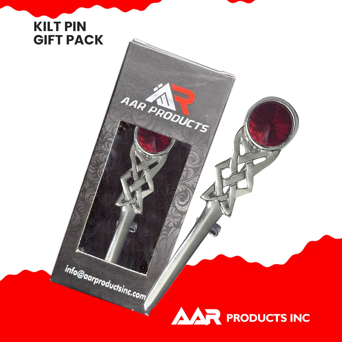 Kilt Pin Scottish Celtic Knot Stone Chrome Finish Red Stone