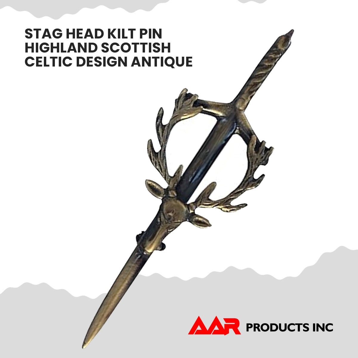 Stag Head Kilt Pin Celtic Highland Design, 4-Inch with Locking Back AAR Scottish Kilt Accessory