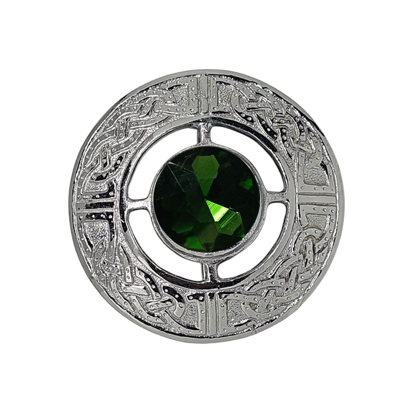 AAR Men's Scottish Celtic Kilt Fly Plaid Brooch Green Stone Chrome Finish 3"